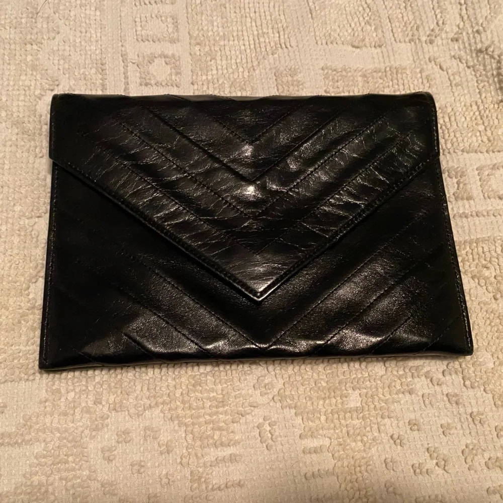 Yves Saint Laurent Black Leather Chevron Pouch Envelope Clutch - Picture 1 of 16